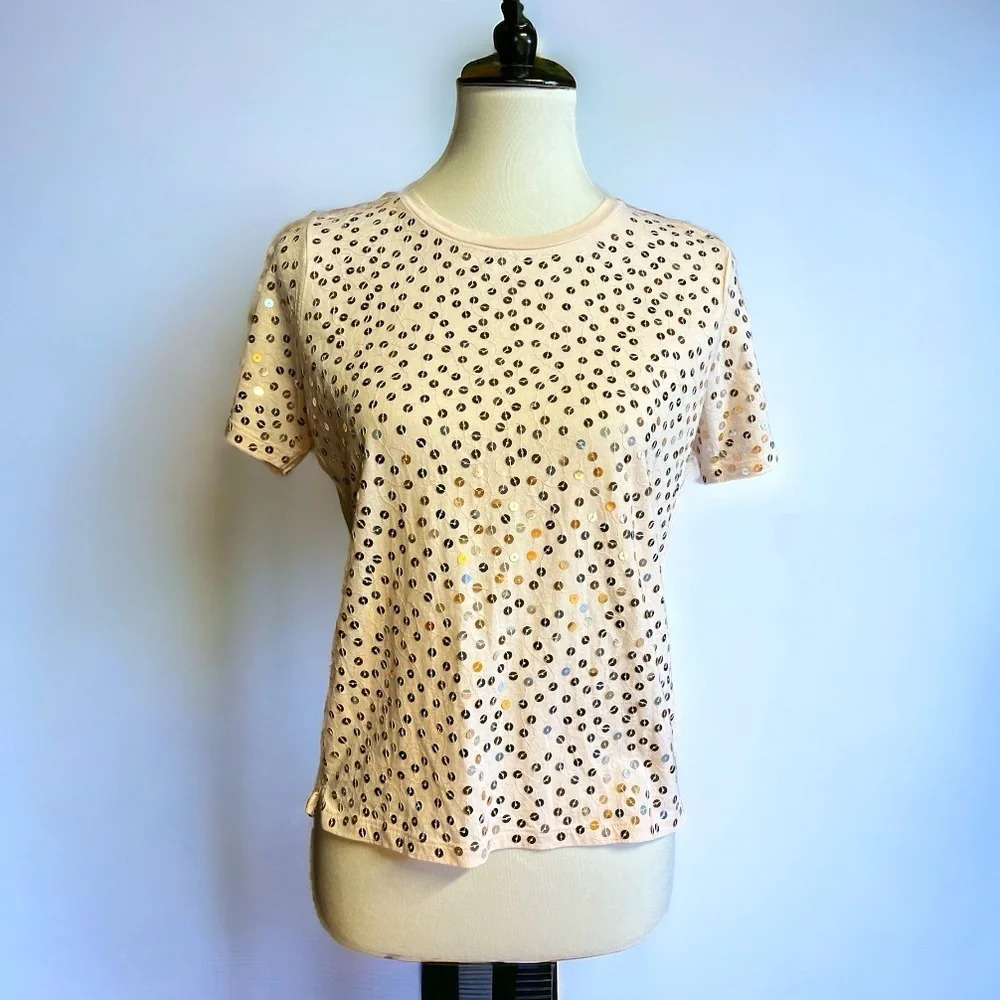 J Crew Pale Peach 100% Cotton Metallic Sequins Tee, Silver, Gold, Brass - Size S